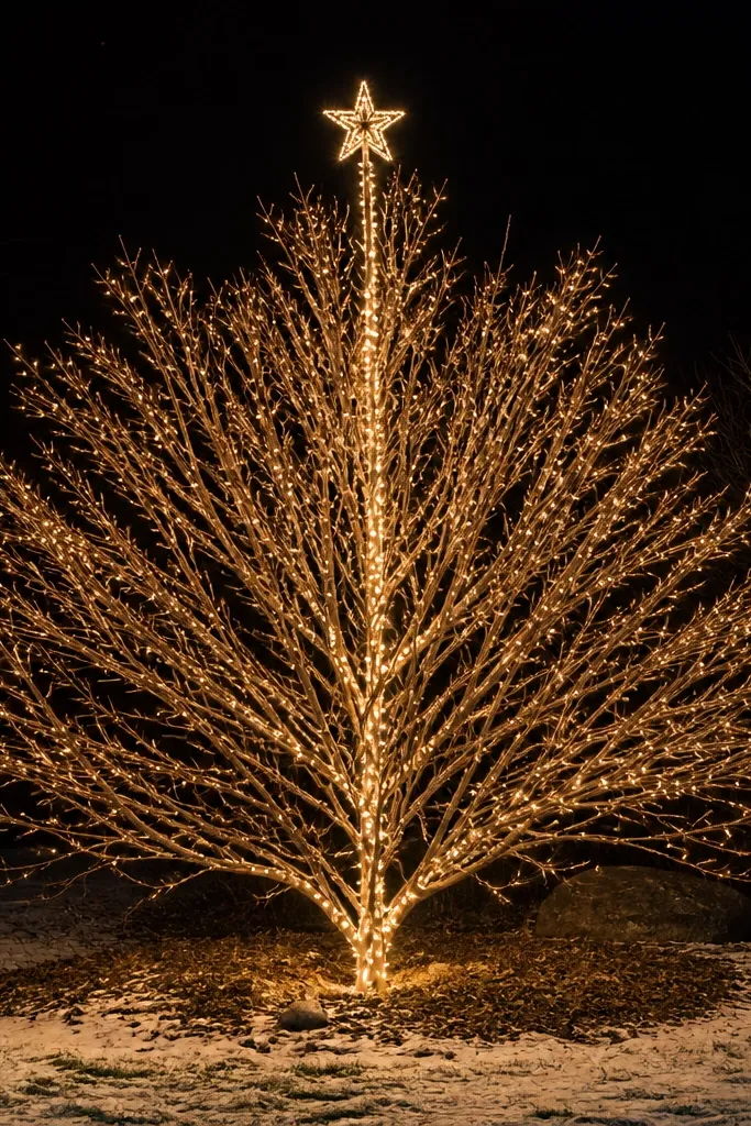 A yard tree lit with warm white lights and a lit star at the top
