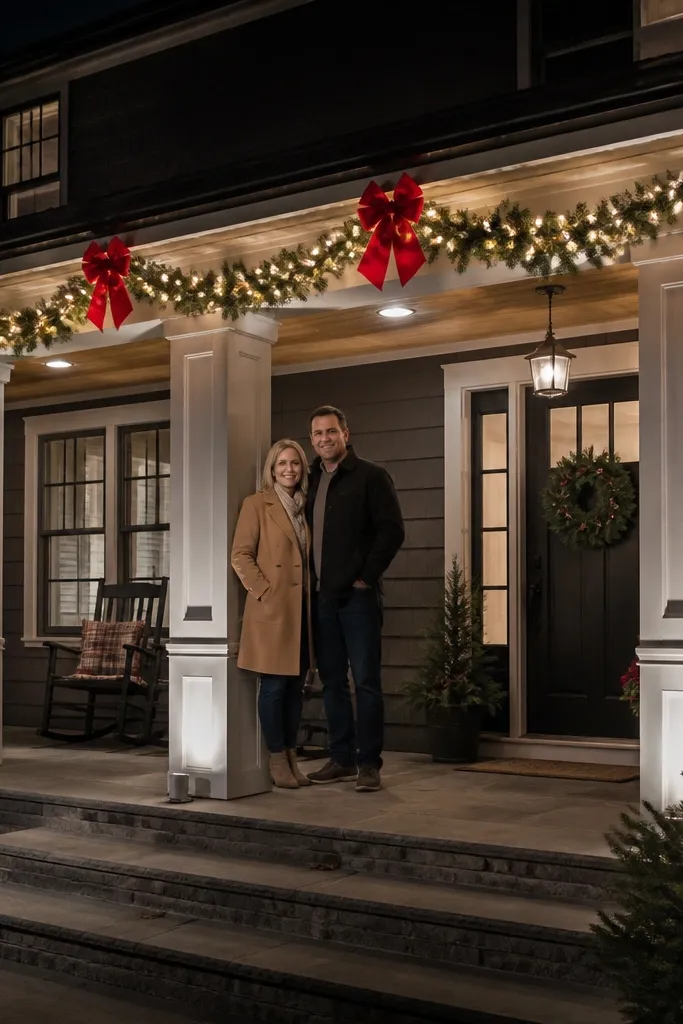 Warm white garland with red bows and small spotlights on porch columns