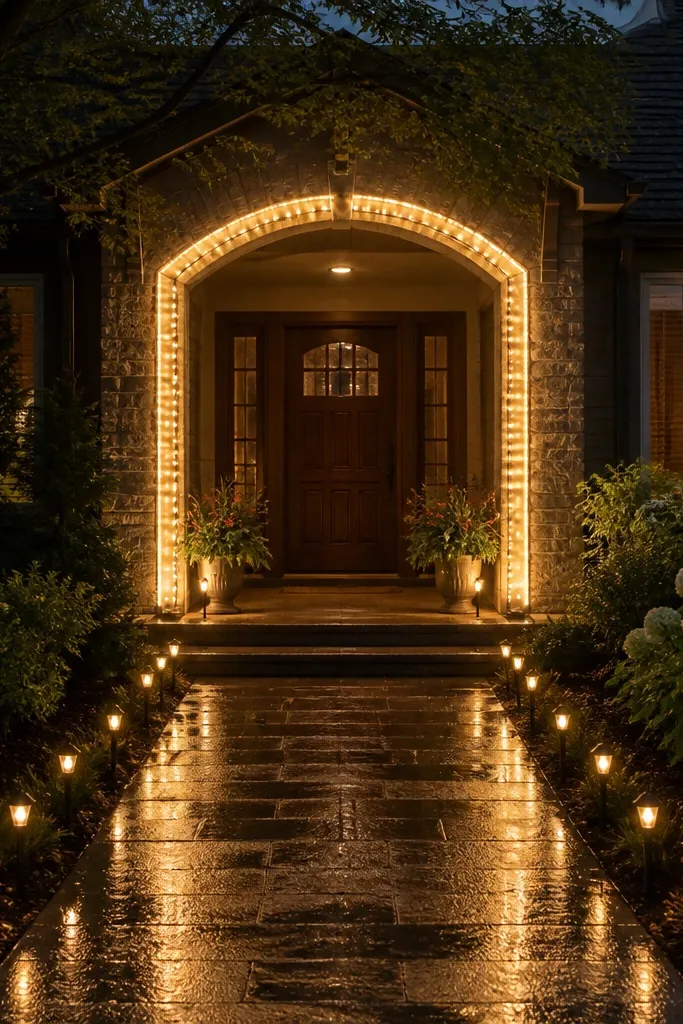 Ground stake lights forming a dotted pathway leading to an illuminated arch