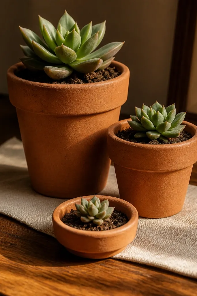 Terracotta pots with small succulents on a light wood desk