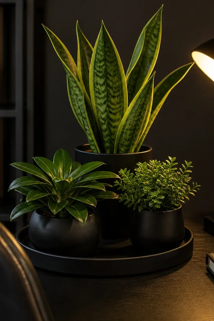 Black desk with black ceramic pots and a small green plant cluster
