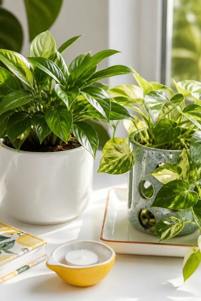 White desk with citrus decor, a small plant, and a yellow notebook