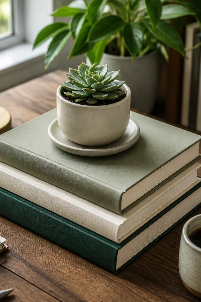 Stack of botanical books with a small planter on top