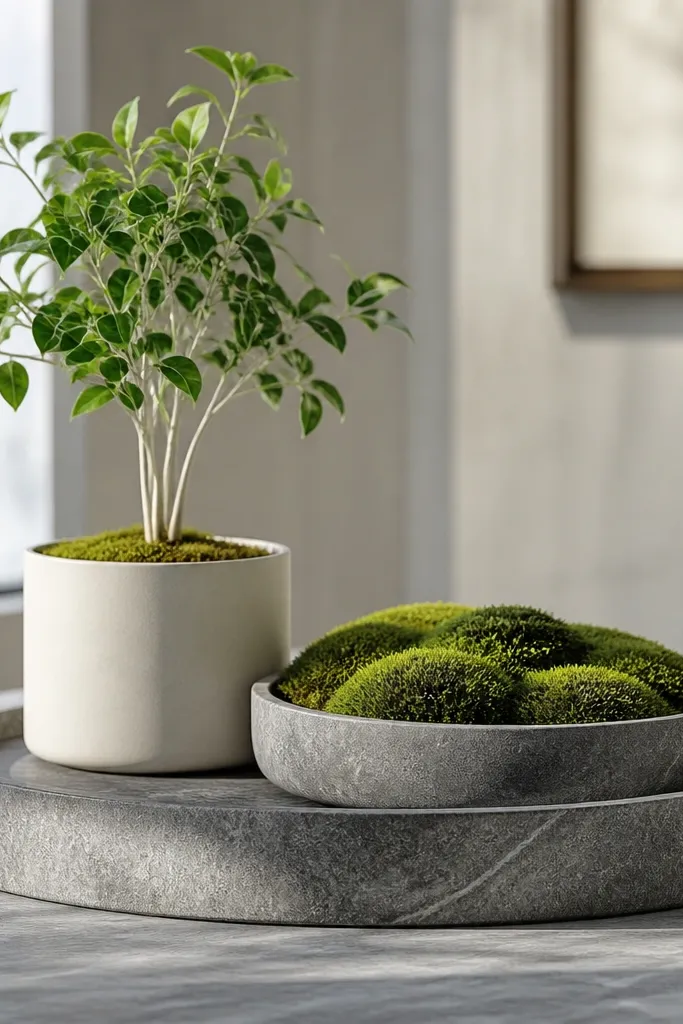 Gray stone tray with a moss dish and a small upright plant