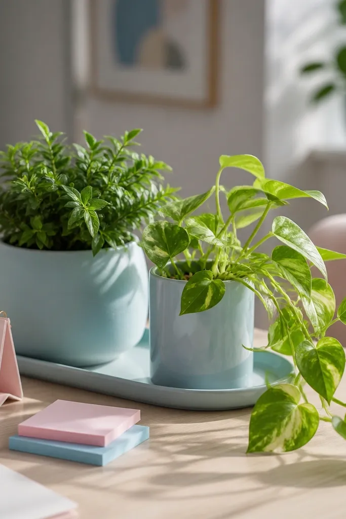 Pastel desk with a trailing pothos in a pastel pot and pastel stationery
