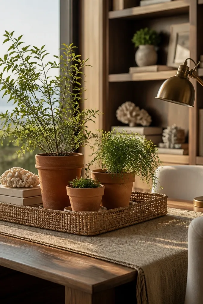 Rattan tray with terracotta pots and a small green plant on a beige desk