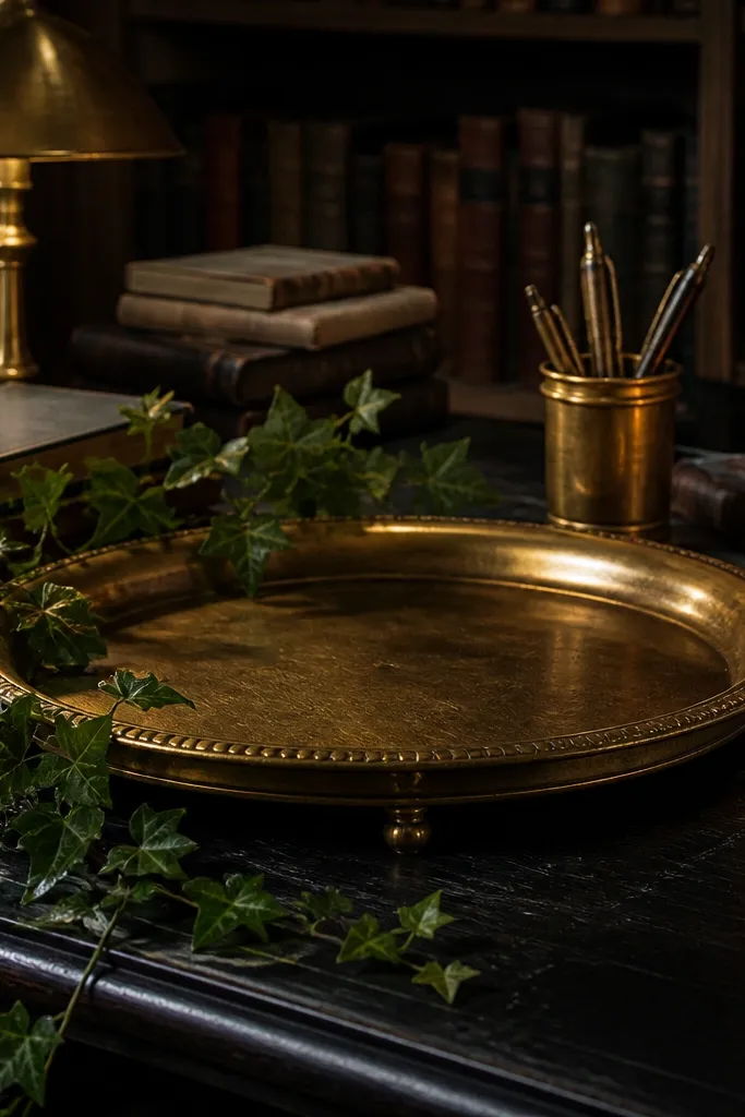 Dark desk with brass tray, ivy plant, and stacked books