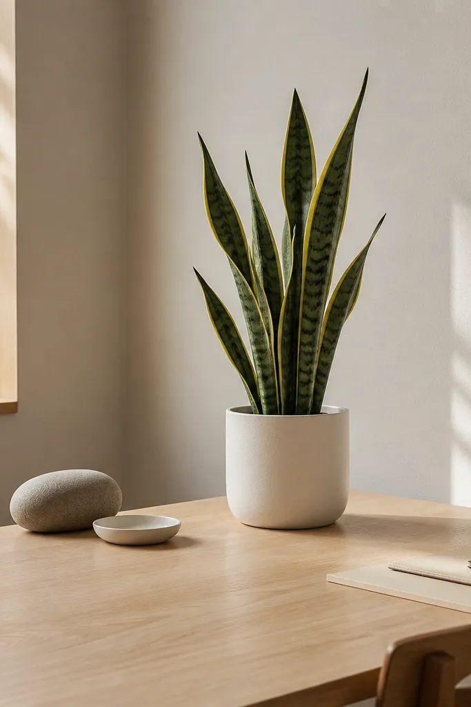 Minimal desk with one tall plant in a ceramic pot and a small stone