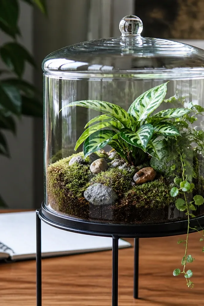 Glass terrarium with small plants on a white stand near desk