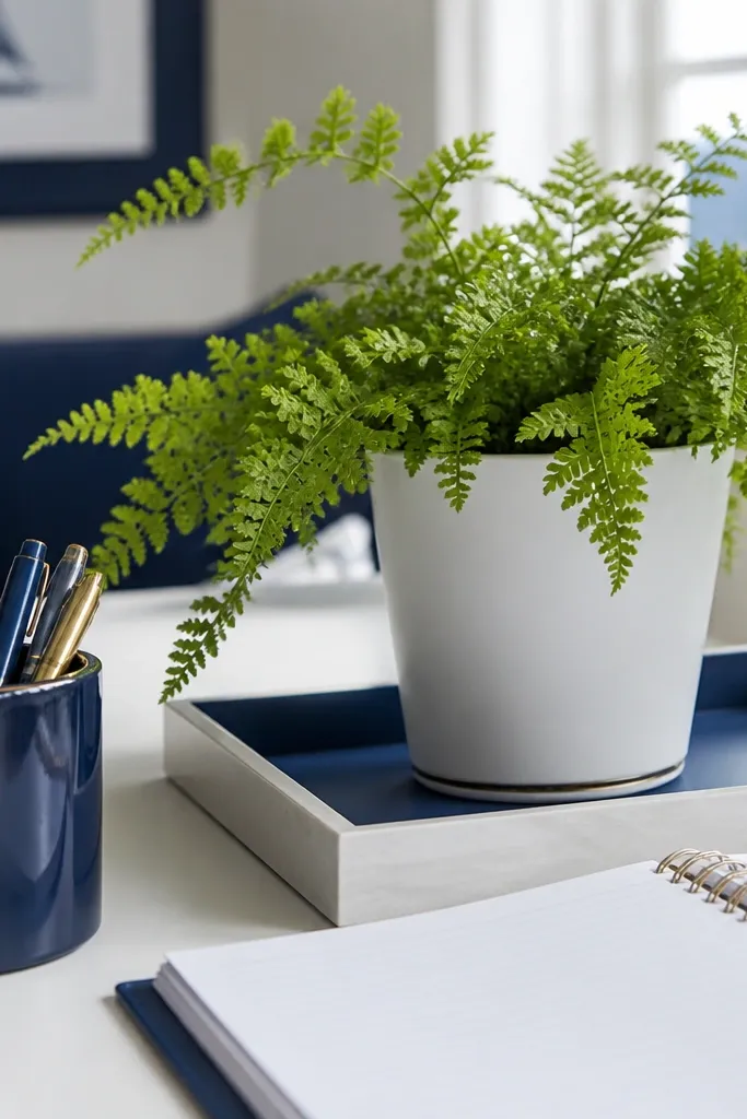 Navy notebook, white desk accessories, and small fern plant in a white pot