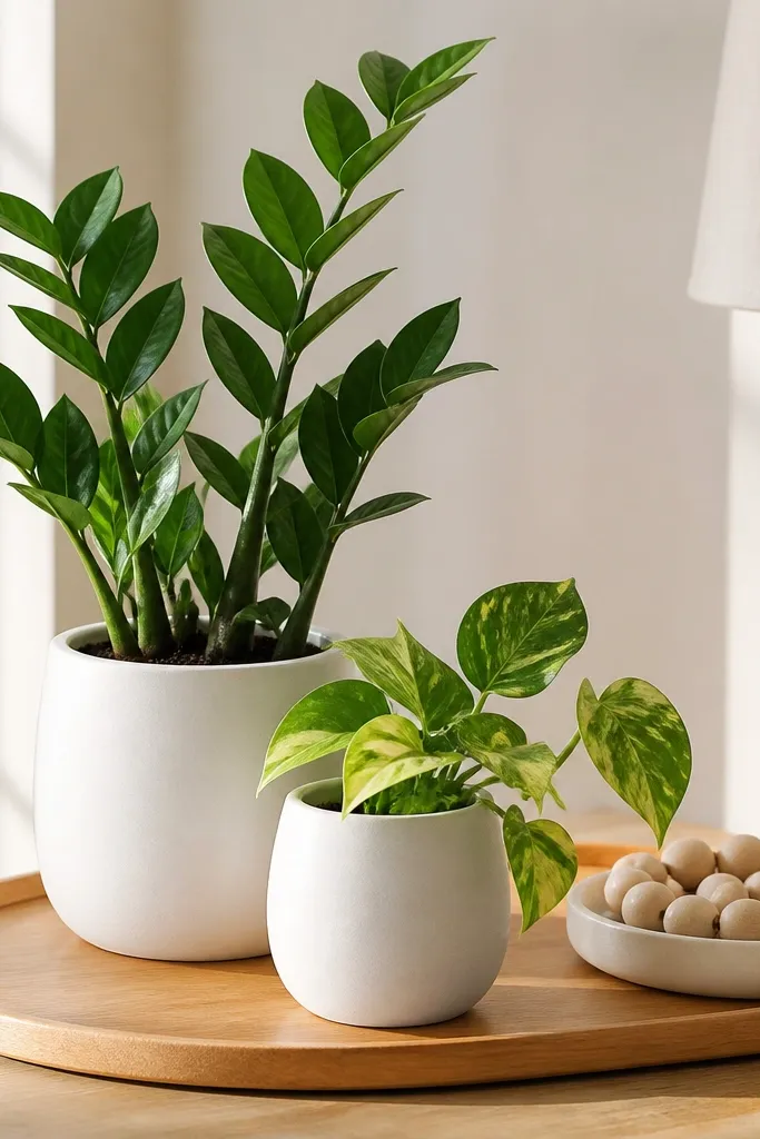 White planters with a small plant and wood bead decor on a light desk