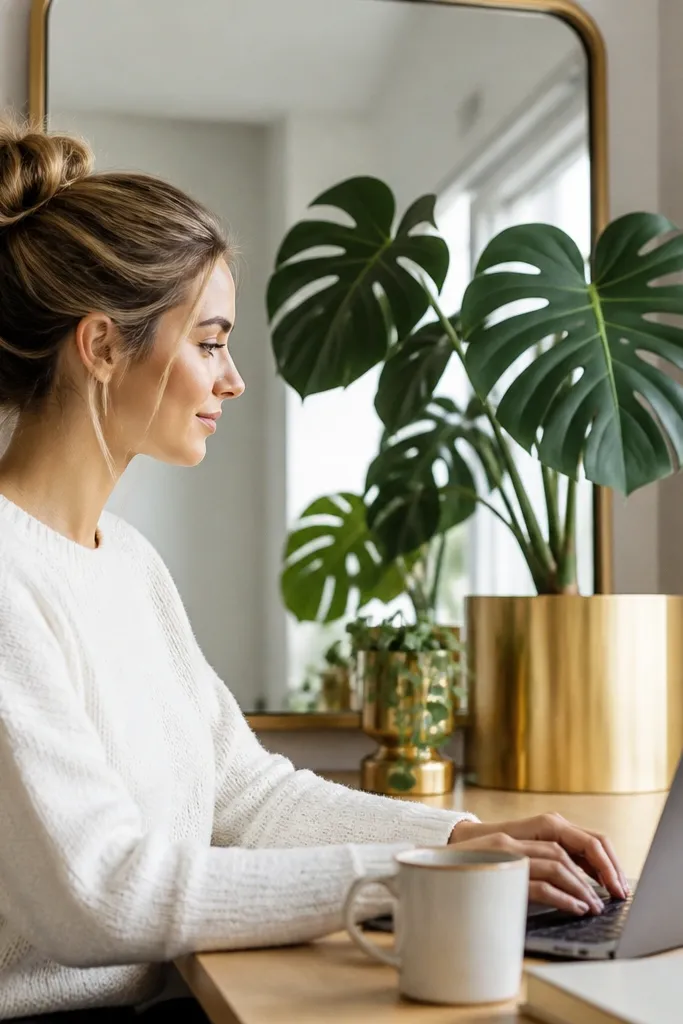 Gold frame on wall with a monstera plant and small desk plants
