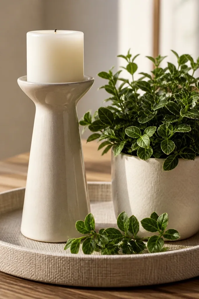 Linen tray with cream candle, small plant pot, and neutral desk items