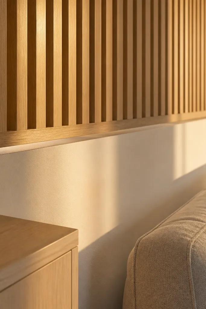 White slatted wood divider screen placed with a small gap from the wall