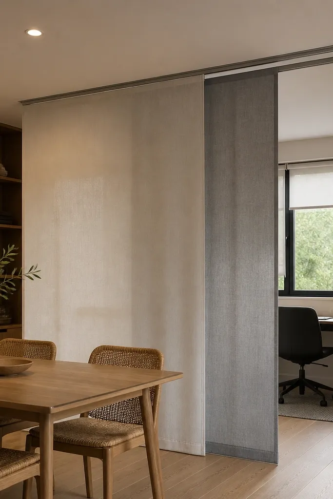 Two flowing fabric panels hanging from a ceiling track partitioning a small room