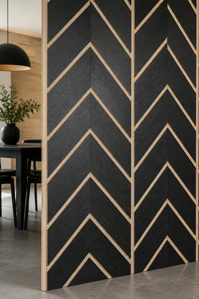 Painted herringbone plywood partition panel dividing a modern living space