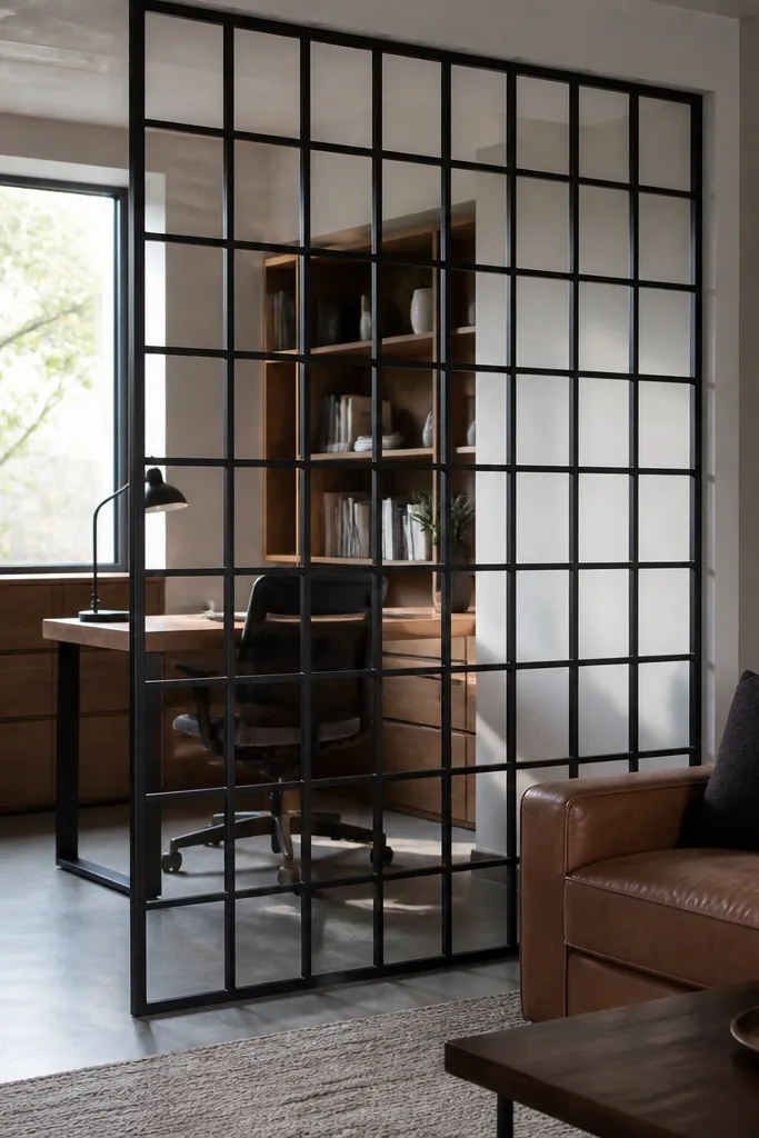 Powder-coated black metal grid divider creating a modern separation