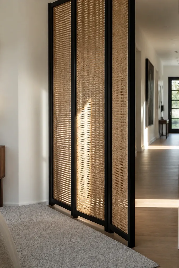 Rattan panels inside a black frame used as a room divider