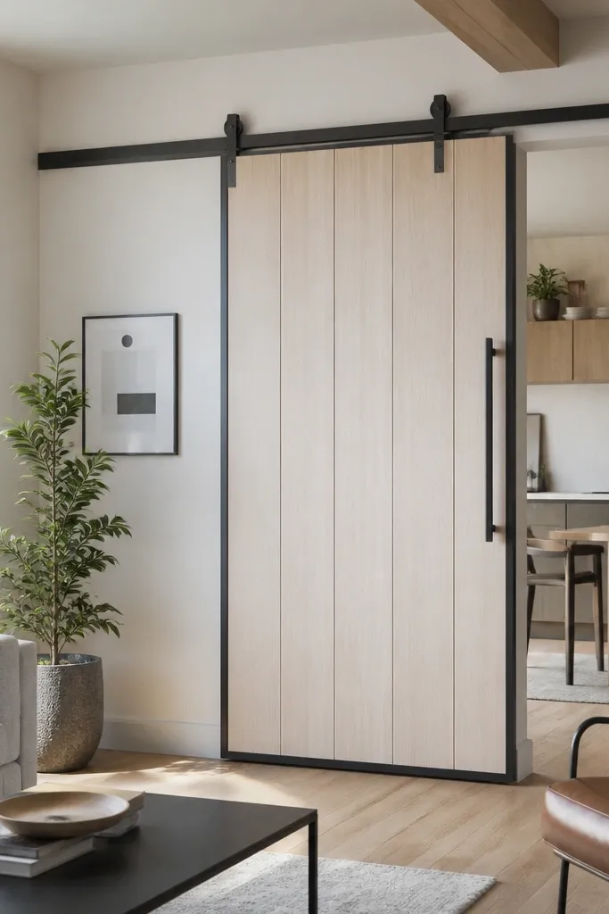 Dark sliding barn-door style partition on a track separating rooms