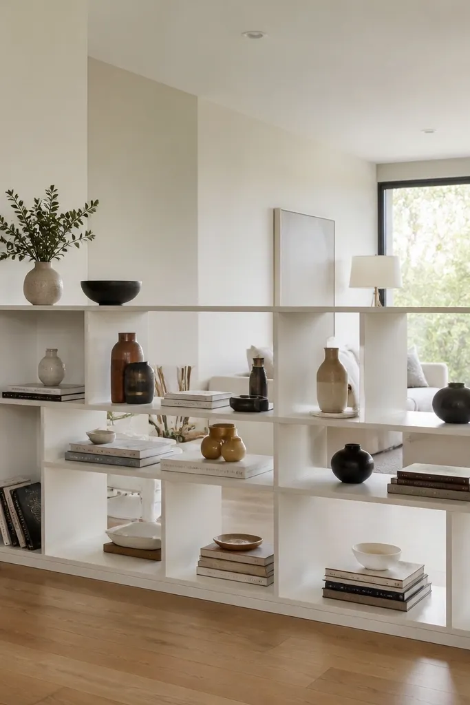 Open shelving divider with books and a clear upper zone