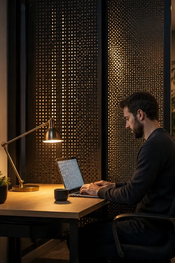 Perforated metal divider with warm light behind it