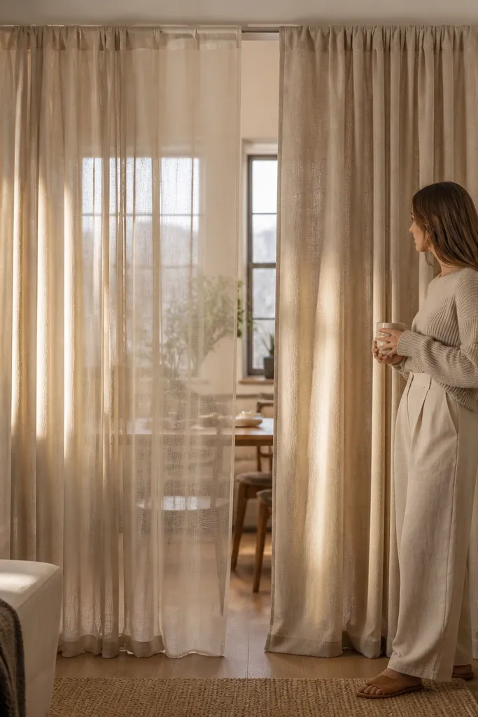 Layered sheer curtains on tension rods separating a bedroom corner