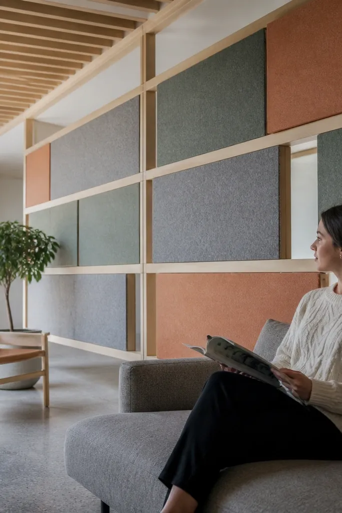 Color-block acoustic felt panels used as a room partition