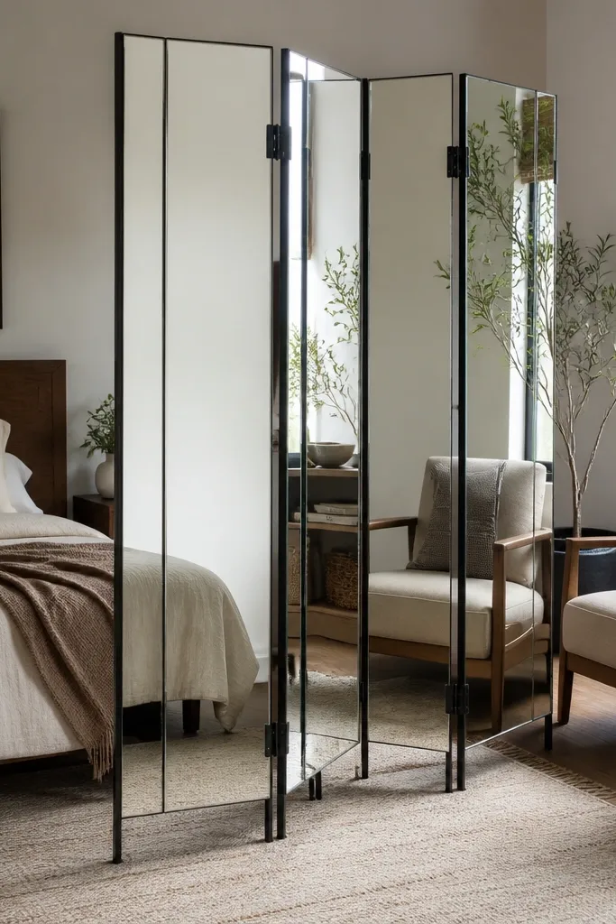 Mirrored folding screen with matte black hinges dividing a room