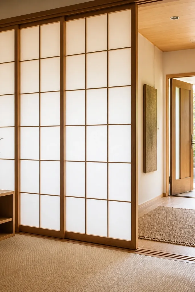 Shoji-style translucent divider panels with light wood frames