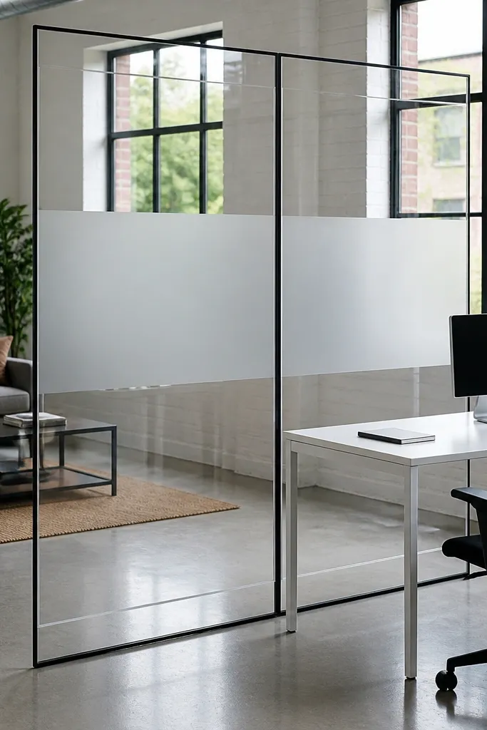Clear acrylic divider with a frosted stripe dividing a small office area