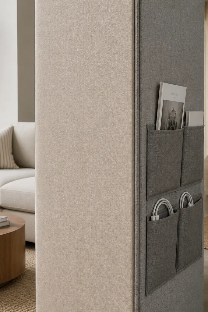 Linen-wrapped padded divider panel with subtle storage pockets