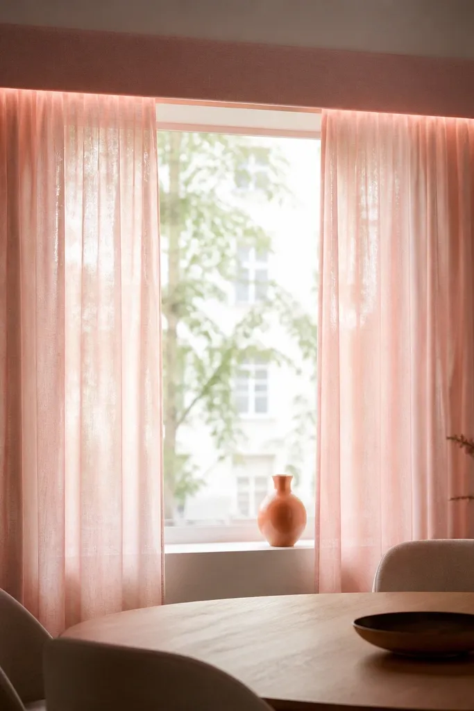 A dining window with sheer blush pink curtains. A thin pink LED strip glows behind a soft valance, making the curtain edges look rim-lit. A small orange ceramic vase sits on the sill.