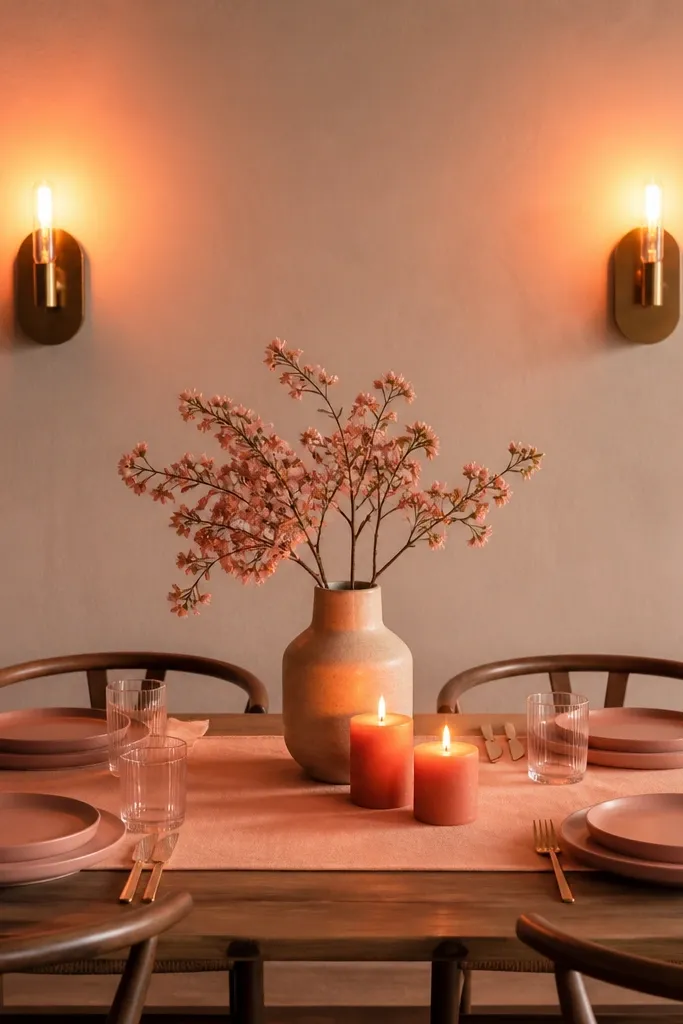 A dining table with a peach runner, blush plates, and two short orange pillar candles. Above, two wall sconces have warm amber bulbs, casting a pink-orange wash across the table.