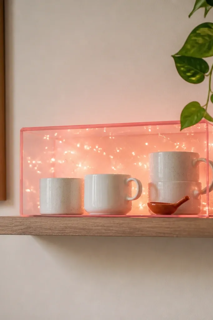 A floating shelf with a clear pink acrylic organizer box. Inside are small fairy lights, and a few white mugs and a tiny orange spoon rest in front of the glow.