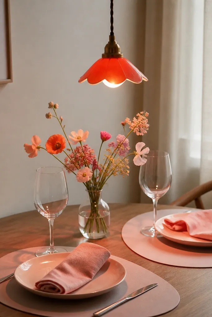 A dining table set for two: blush placemats, pink napkins, and a small orange pendant light with a clip-on shade cover. The light casts a pink-orange tint onto the plates.