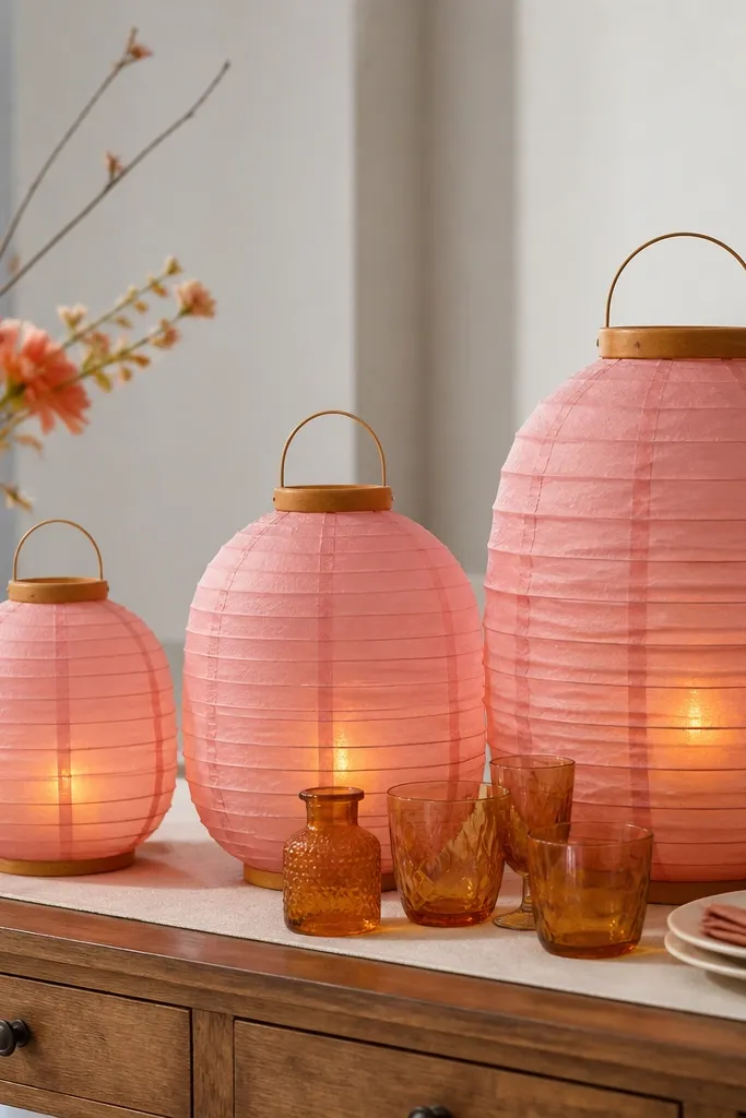 A buffet table with three pink paper lanterns at different sizes. Orange glass tumblers and a small orange jar sit underneath. Warm lights glow from LED candles inside the lanterns.