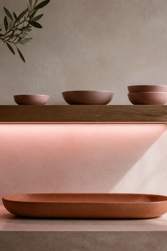 A wall-mounted shelf with a terracotta tray below it. Under the shelf edge is a soft pink LED strip washing the wall. A few small bowls in blush sit on top.