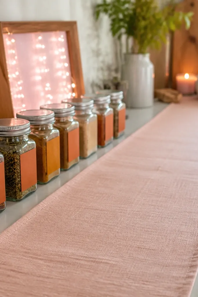 A long blush linen runner on a counter. Along one side are orange-labeled spice jars. Behind them is a small picture frame filled with fairy lights, glowing pink.