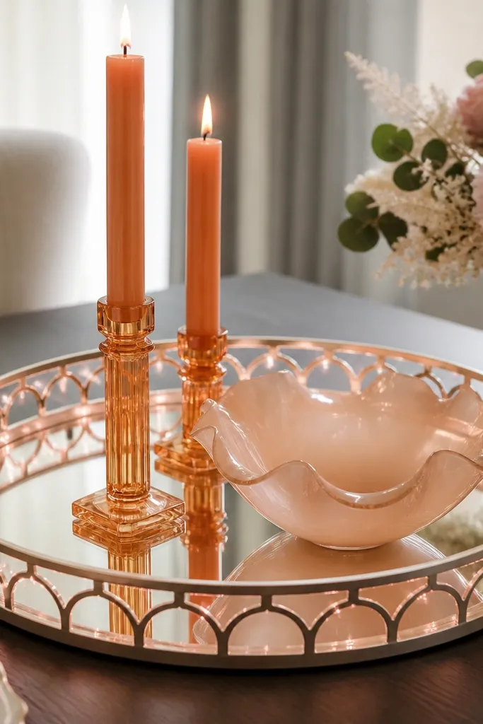 A round mirrored tray on a dining table. On it: two orange candle sticks and a blush decorative bowl. Tiny puck lights under a tray rim create a pink sparkle reflection.