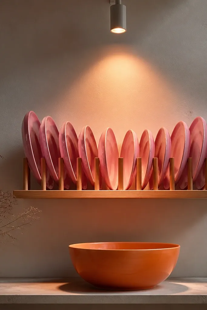 A plate rack wall with pink plates arranged in a gentle curve. Below sits an orange serving bowl. A single adjustable spotlight above makes the plates shine pink and the bowl glow orange.