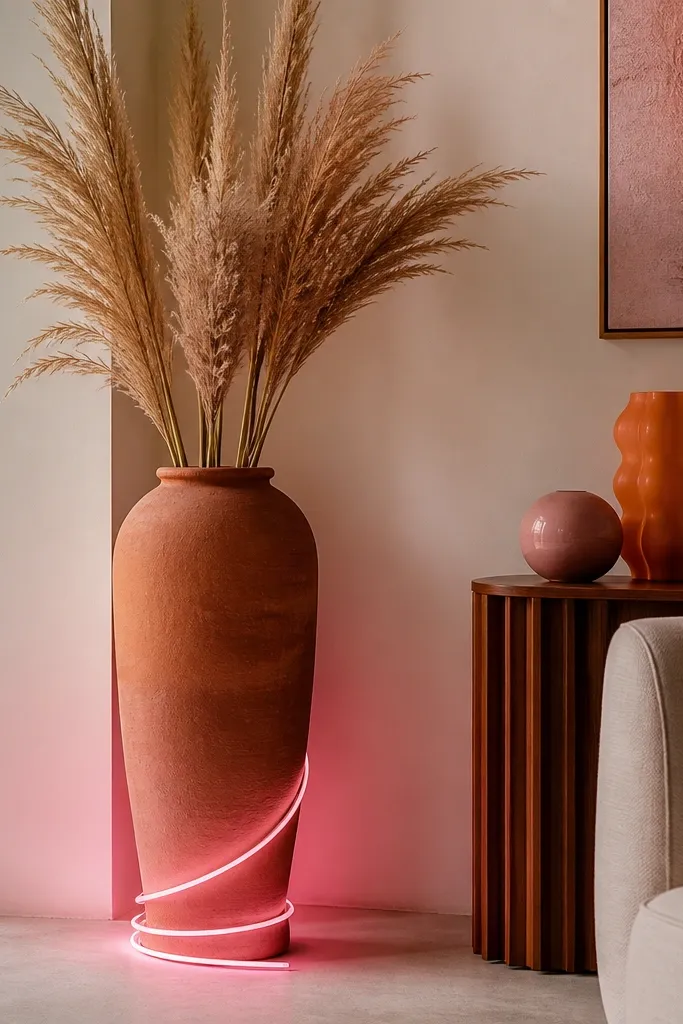 A tall terracotta vase on the floor with dried pampas-like stems. A pink LED rope wraps around the lower base, glowing upward. Orange and pink decor sit on a nearby side table.