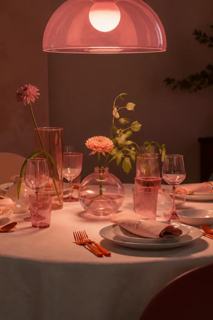 A dining table set with blush napkins, orange utensils, and a pink-tinted lamp above. The lights are dim, and the table looks warm and rosy.