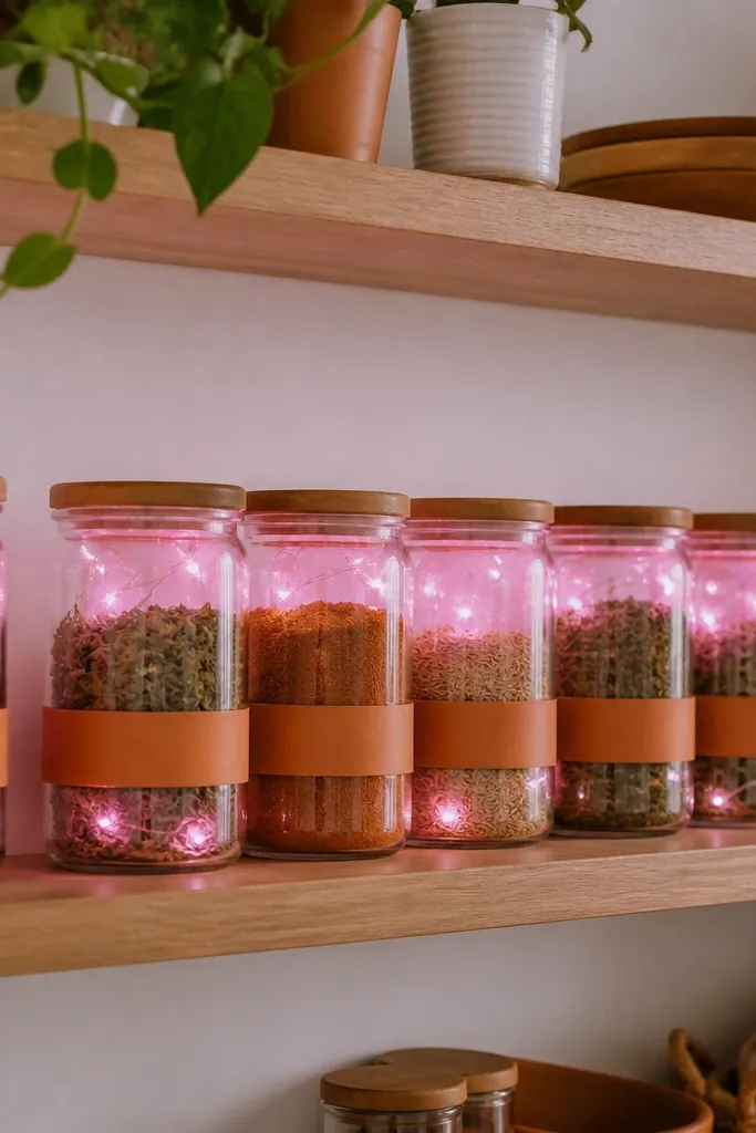 A spice shelf with several clear glass jars. Each jar has a small string light inside, creating a pink glow. Orange label stickers wrap the jars.