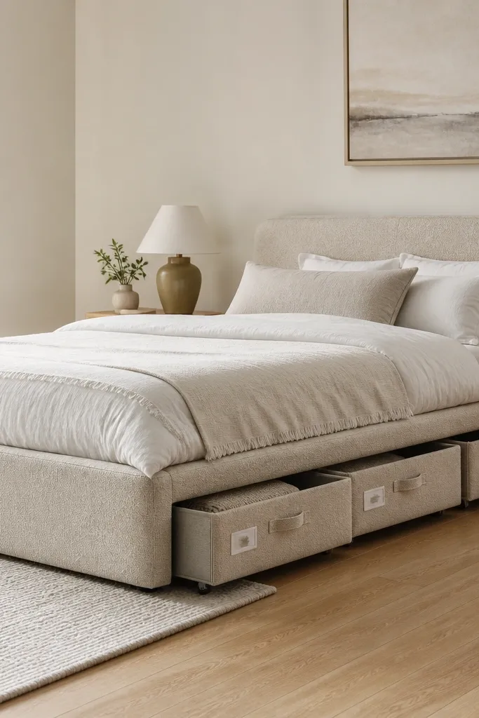 A low upholstered bed with a matching set of under-bed rolling drawers in light oat fabric, each drawer labeled with small white tags. The floor around it is bare and clear, with only a thin rug visible.
