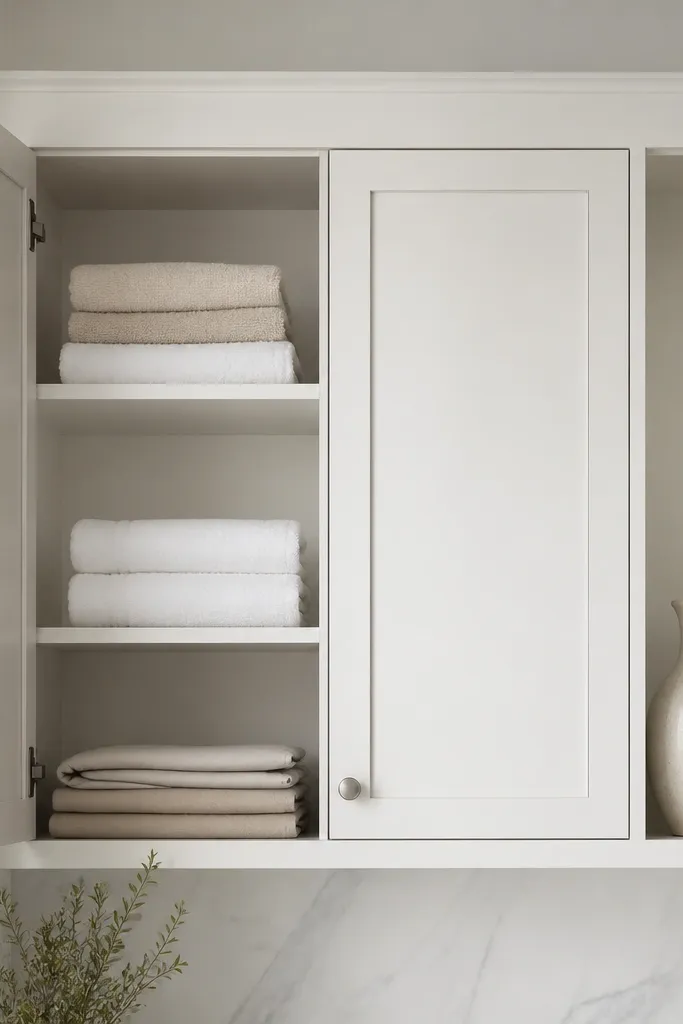 A white wall unit with two closed cabinet doors and one narrow open cubby. Inside the cabinets are neatly folded towels and folded linens, while the open cubby holds a single ceramic vase.