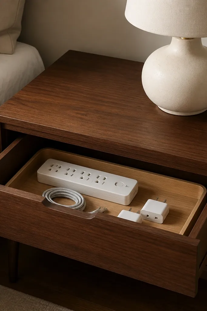 A nightstand with a drawer pulled open slightly. Inside is a light wood tray holding a power strip, a coiled cable, and two small charging adapters. The outside surface is bare except for a cream lamp.