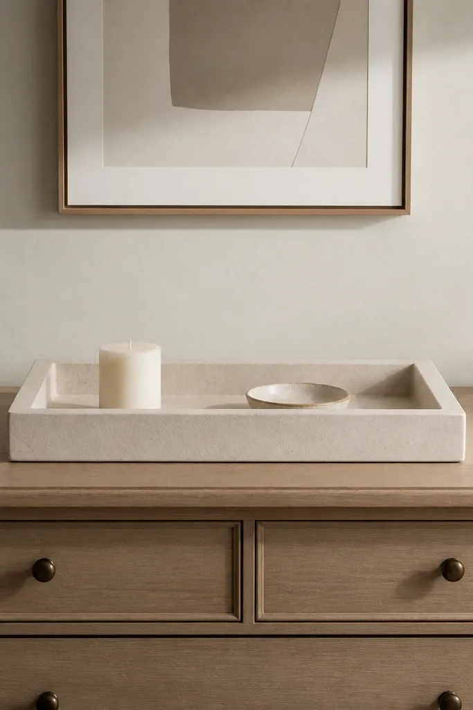 A dresser with a large rectangular tray centered on top. Inside the tray are a matte off-white candle and a small ceramic dish. Everything else is empty, and a framed print sits on the wall above.