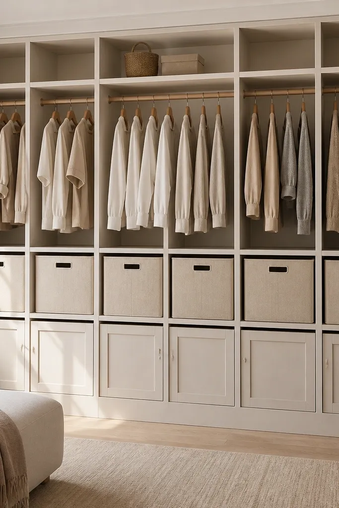 A closet wall with multiple identical cubbies. Each cubby holds a linen-texture bin in the same light beige color. A hanging bar sits above, and the bottom row is closed off with doors.
