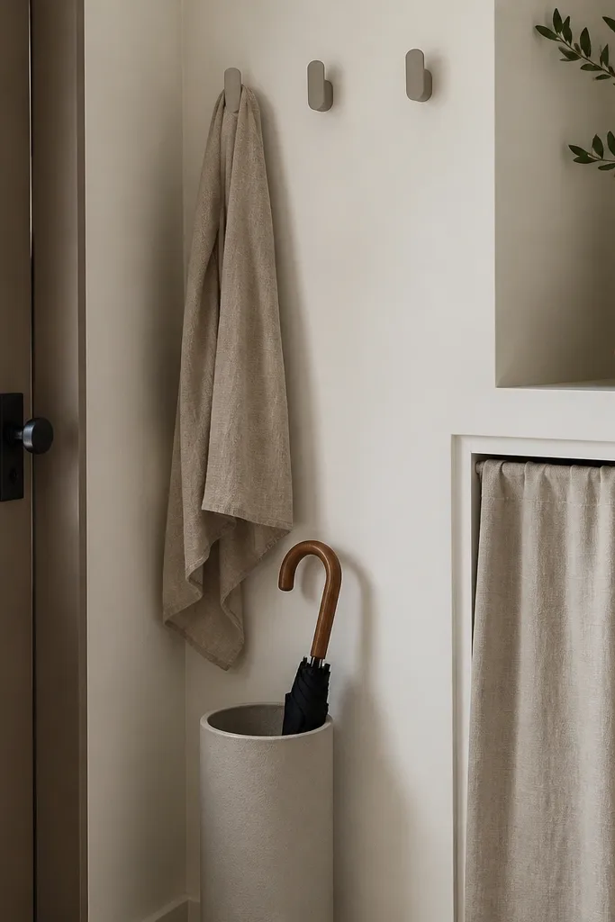A wall near the entry has three matte hooks in a soft neutral. Below, an umbrella sleeve in the same color as the hooks stands behind a small door or curtain panel.