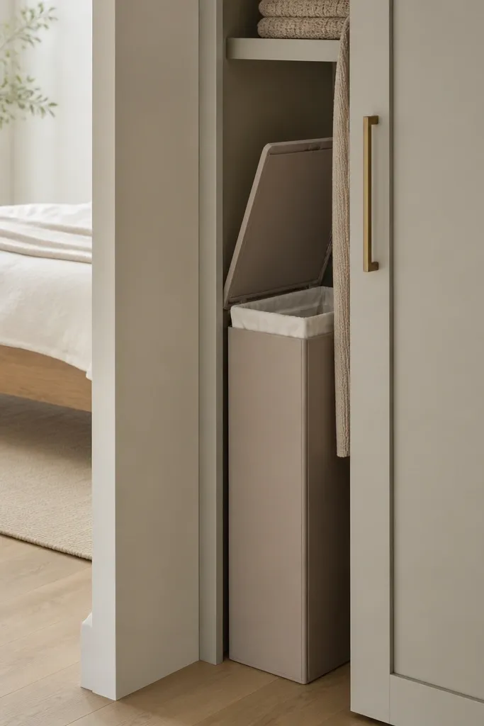 A tall, slim hamper tucked behind a closet door. The hamper has a lid in a muted taupe color, and a fabric liner is visible only when the door opens.